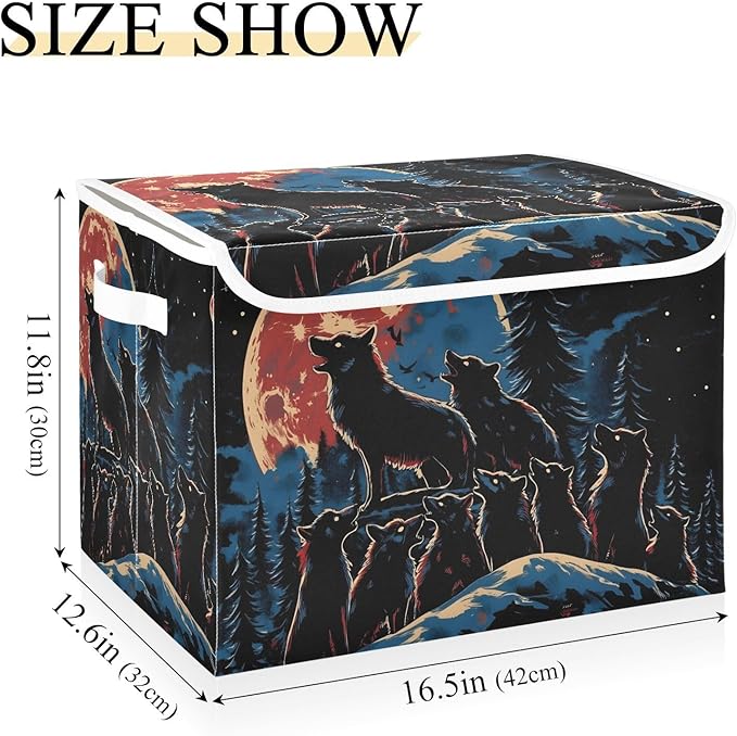 Wolf Packs Storage Cube Bins Basket with Lid Collapsible Flip-top Fabric with Handle for Home Bedroom Closet Office 16.5×12.6×11.8 in