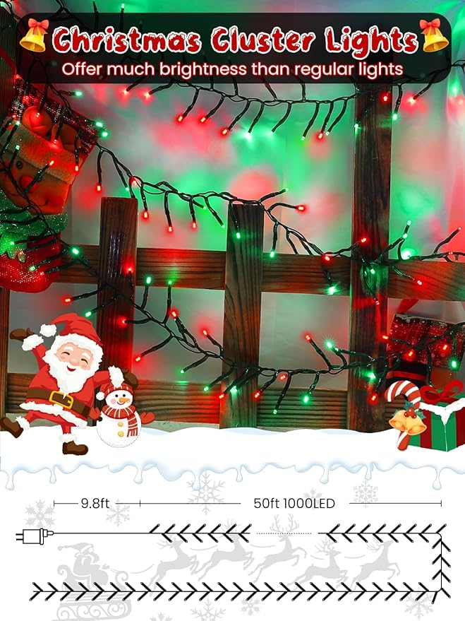 50FT 1000 LED Christmas Cluster Lights Firecracker String Lights with Remote &amp 8 Modes &amp Timer Waterproof Fairy Twinkle Light Plug in for Indoor Outdoor Party Garden Xmas Decoration Red and