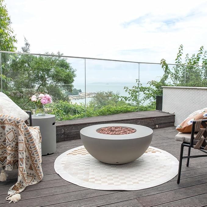Roca Fire Table Outdoor Fire Pit 34 x 34 Cast Concrete Round Firepit Includes Lava Rocks 45000 BTUs Outdoor Fireplace for Patio Furniture Set Deck Porch Outdoor Heater - Natural Gas