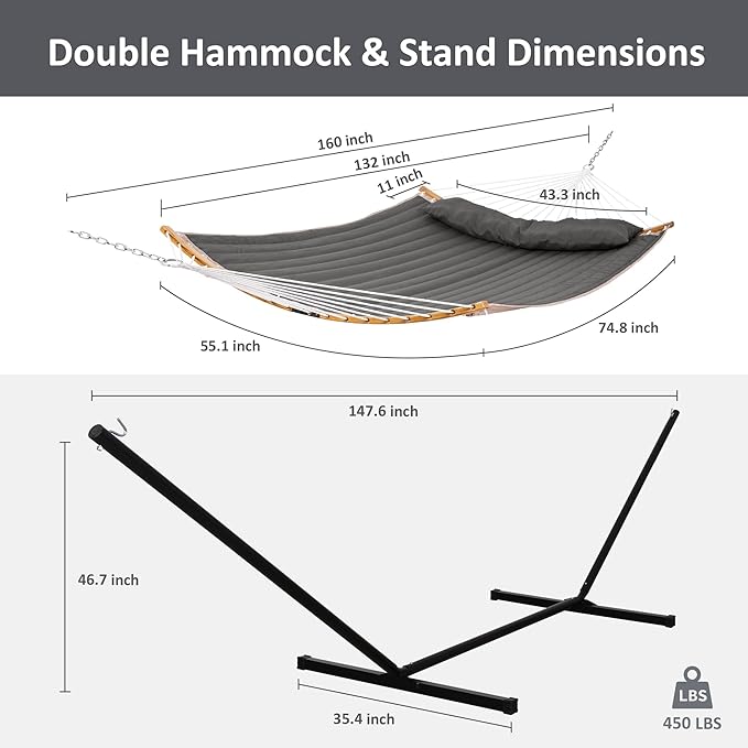SUNCREAT Double Portable Hammock with Stand 2 Person Hammock with Curved Spreader Bar Balance Ropes Included Dark Gray
