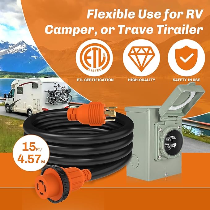 WELLUCK 30 Amp Emergency Power Combo Kit with L14-30P Inlet Box and 15 FT Power Cord 30A Generator Power Inlet Box NEMA L14-30P to L14-30R RV Power Extension Cord with Grip Handle ETL Listed