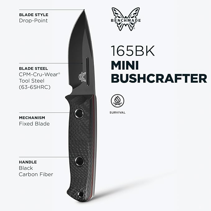 Benchmade - Mini Bushcrafter Outdoor Survival Knife with Black Carbon Fiber Handle (165BK)