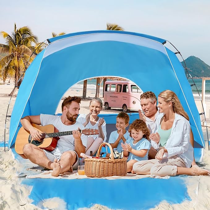 Beach Tent Portable Sun Shelter for 2/3/4/6-8 Person with UPF 50+ UV Protection Easy Setup Waterproof Beach Shade Canopy Cabana for Family Outdoor and Picnics Fishing with Carrying Bag