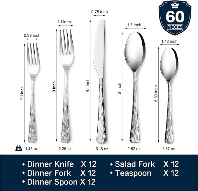 KINGSTONE Hammered Silverware Set 60-Piece Flatware Set 18/10 Stainless Steel Premium Cutlery with Unique Ripple Handles Design Mirror Polished - Dishwasher Safe