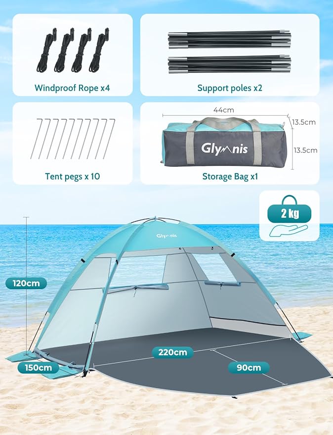 Glymnis Beach Tent Sun Shelter for 3 Person with UPF 50+ UV Protection Lightweight &amp Easy Setup Beach Shade Canopy with Vent Windows &amp Zippered Door - Blue