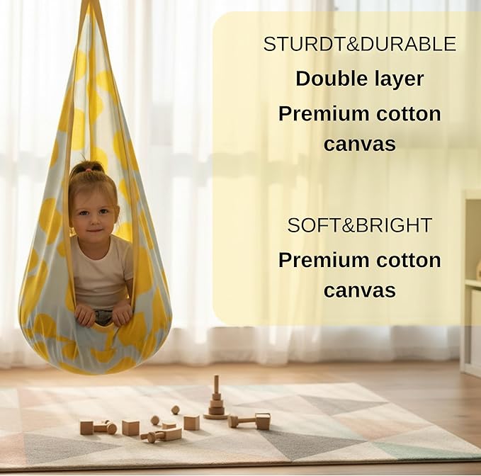Calming Sensory Swing — Indoor Sensory Hammock for Kids &amp Adults Supports up to 170 lb (77 kg) Double-Layer Canvas Fabric Hanging Hardware Included White-Yellow
