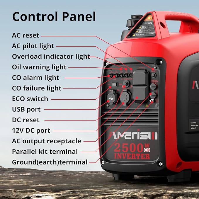 AMERISUN 2500-Watt Gas Powered Portable Inverter Generator for Home Use - Ultral Light for RV and Camping CO Sensor Outdoor and Home Backup Long Run Time