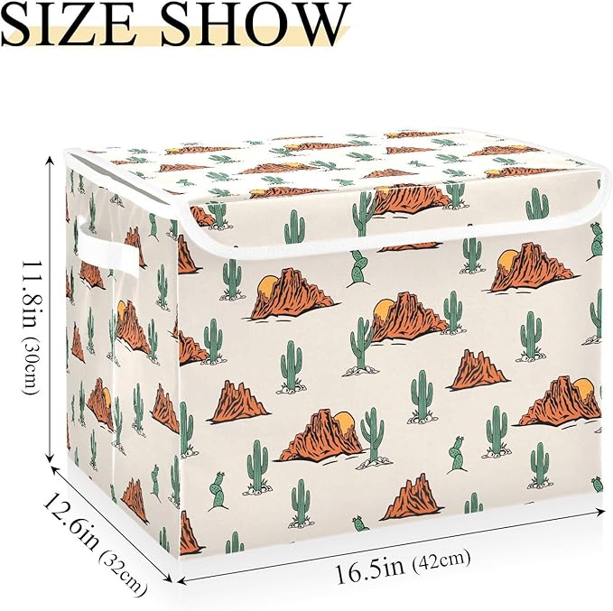 Storage Box Western Cactus Closet Storage Bins with Lids Foldable Oxford Fabric Storage Box for Home Bedroom Closet Office (16.5x12.6x11.8 in)