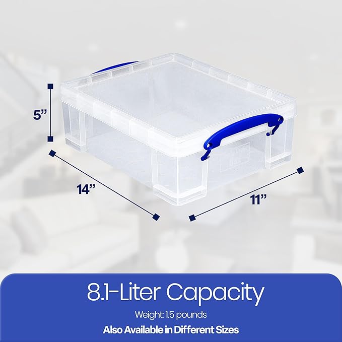 Really Useful Box Stackable 8.1L Plastic Storage Container Bin with Snap Lid &amp Built-in Clip Lock Handles for Home &amp Office Organization (10 Pack)