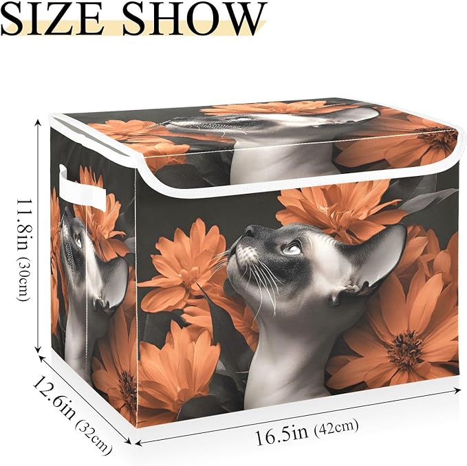 AIXIWAWA Lidded Storage Cube (Floral Cats) Fabric Foldable Closet Bins with Flip Lid and Handles Organizer Basket Container 16.5 x 12.6 x 11.8 IN