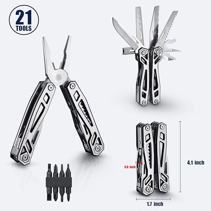 BIBURY Multitool with Pocket Knife 21-in-1 Stainless Steel Pliers with Screwdriver Safety Locking Multi tools with EDC Knife for Survival Camping Fishing Repair Birthday Gifts for Men Women