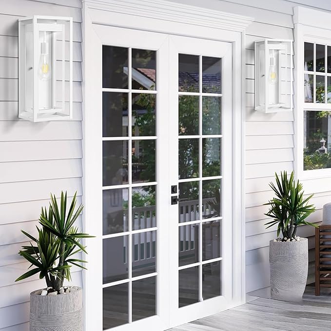 Large Outdoor Wall Sconce 2 Pack 19 White Outdoor Light Fixture Exterior Lighting Fixtures Anti-Rust Porch Lights with Clear Glass for Front Door Garage