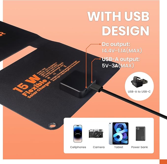 FlexSolar 15W Foldable Solar Panel Trickle Charger Maintainer Kits - 12V DC &amp USB Output with Built-in Controller Includes Cigarette Lighter Alligator Clips O-RingsOBDII Connector for Car Truc