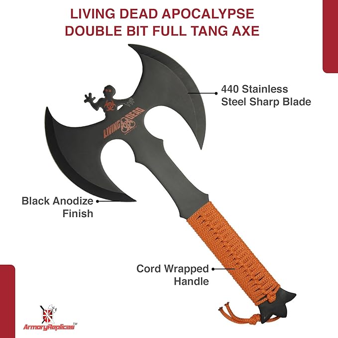 Armory Replicas™ Double Headed Skulking Throwing Axe – Full Tang Black Anodized Stainless Steel Axe with Orange Nylon Wrap &amp Sheath