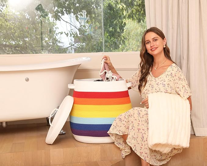 20 x 20 Extra Large Cotton Rope Storage Basket with Lid – Flagon Design – Perfect for Clothes Blankets and Living Room Organization (Rainbow/White 20x20)