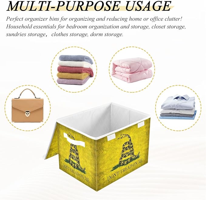 Yellow Snake Don't Tread on Me Flag Storage Bin with Lid Foldable Shoebox Storage Bags for Clothes for Office Supplies
