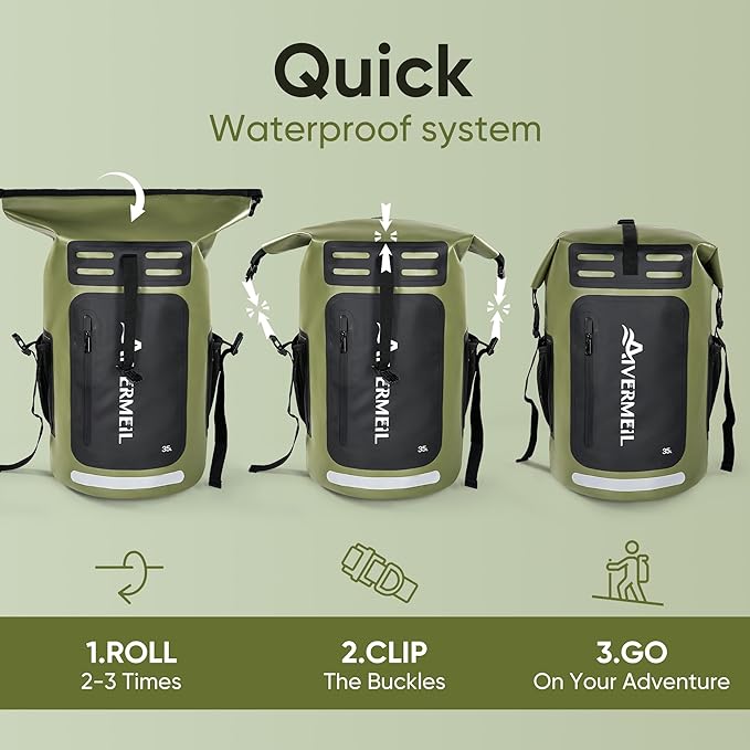 Dry Bag Waterproof Backpack 35L for Men &amp Women Roll-Top Hiking Backpack with IPX8 Waterproof Phone Case for Kayaking Boating Cushioned Padded Back Green