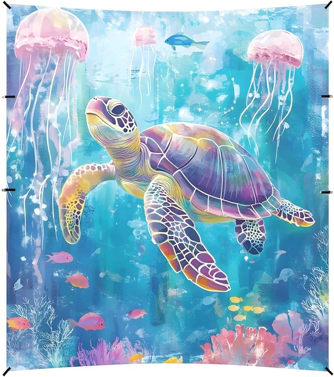 ALAZA Watercolor Turtle Jellyfish Coral Beach Tent Sun Shelter Portable Canopy Sunshade for Outdoor Camping Picnics Backyard Fun 10x9 ft