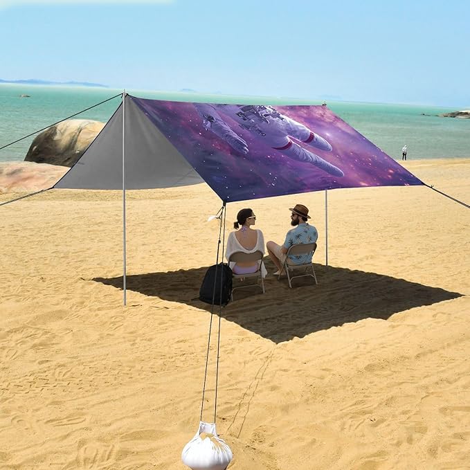 ALAZA Astronaut Cat Funny Beach Tent Sun Shelter UPF50+ Protection Beach Shade Canopy w/ 4 Sandbags for Outdoor Camping Fishing Backyard Fun Picnic 10x9 ft