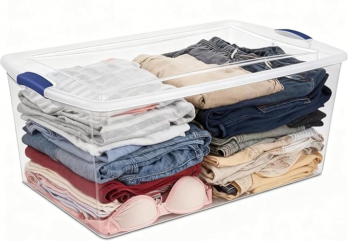 66Qt Large Plastic Storage Bin with Lid Plastic Storage Bin with Durable Lid Stackable and Nestable Clear Tote Container Featuring Blue Buckles Ideal for Organization and Storage Purposes (4-Pack)