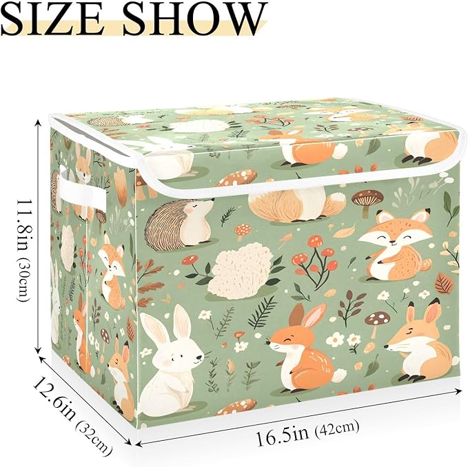 Woodland Animal Storage Box with Lid and Handles Large Collapsible Fabric Storage Basket Closet Organizer Bin Woodland Animal Basket for Nursery Bedroom Office