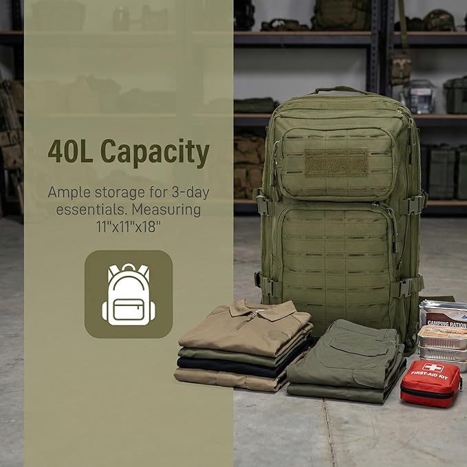 Small Tactical Backpack Assault Pack Bug Out Bag 40L Military Backpack with Molle for Hiking Hunting Rucksack Trekking (Green)