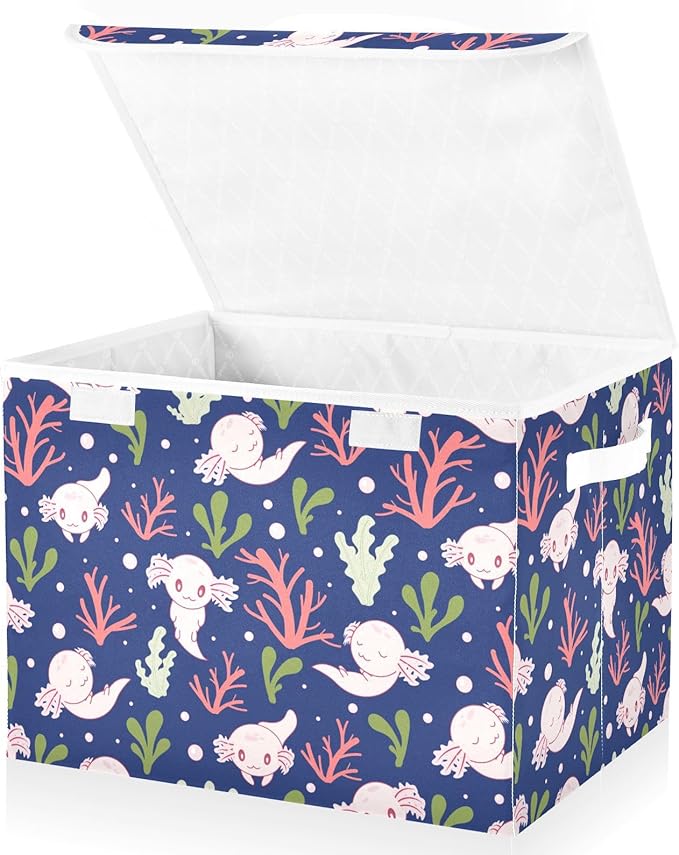 Storage Box Cute Axolotl Salamander Closet Storage Bins with Lids Foldable Oxford Fabric Storage Box for Home Bedroom Closet Office (16.5x12.6x11.8 in)