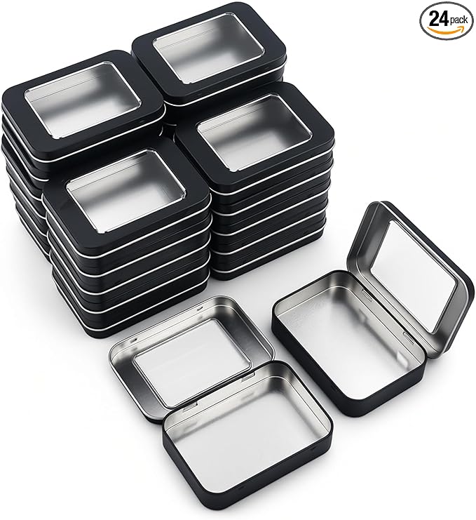 24 Pack Empty Rectangular Metal Storage Organizer Tins with Clear Window Hinged Lids for Small Items and Other Craft Projects (Black 3.9 x 2.8 x 0.8 inch)