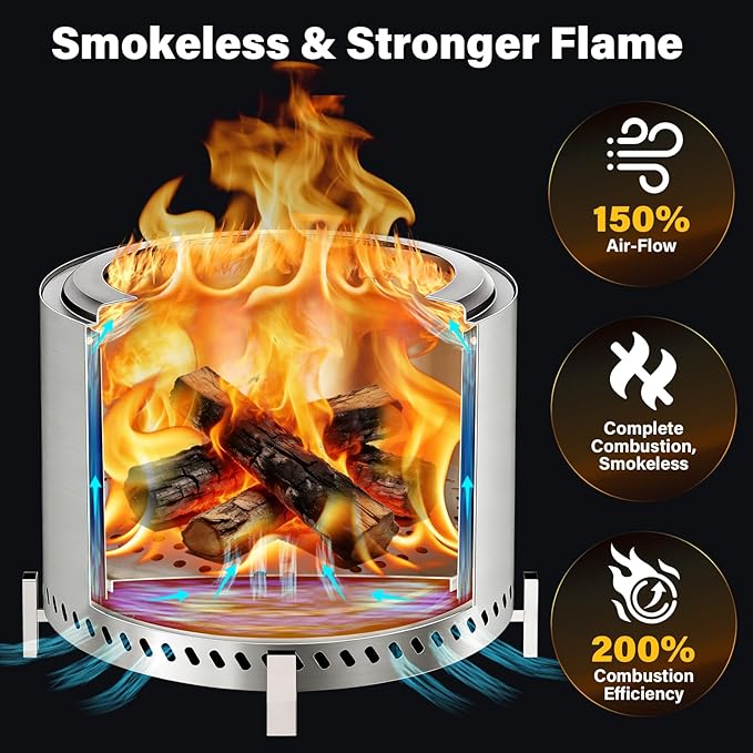 HGD 20 Inch Smokeless Patio Fire Pit Outdoor Wood Burning Stove Stainless Steel Firepit for Backyard Patio Garden Picnic