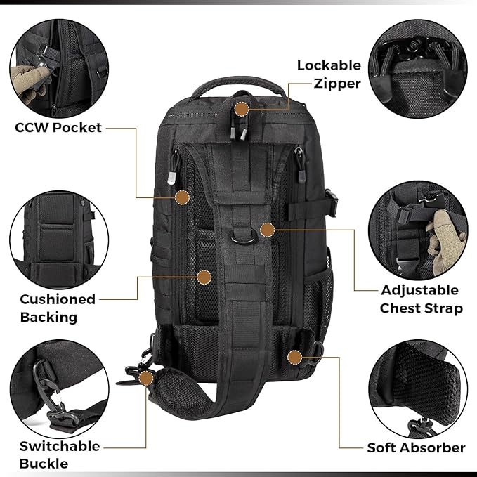 DBTAC Tactical Personal Defense EDC Bags &amp Packs | 10L Military Shoulder Backpack with Sling for Concealed Carry Range Travel Hiking Outdoor Sports (Black)