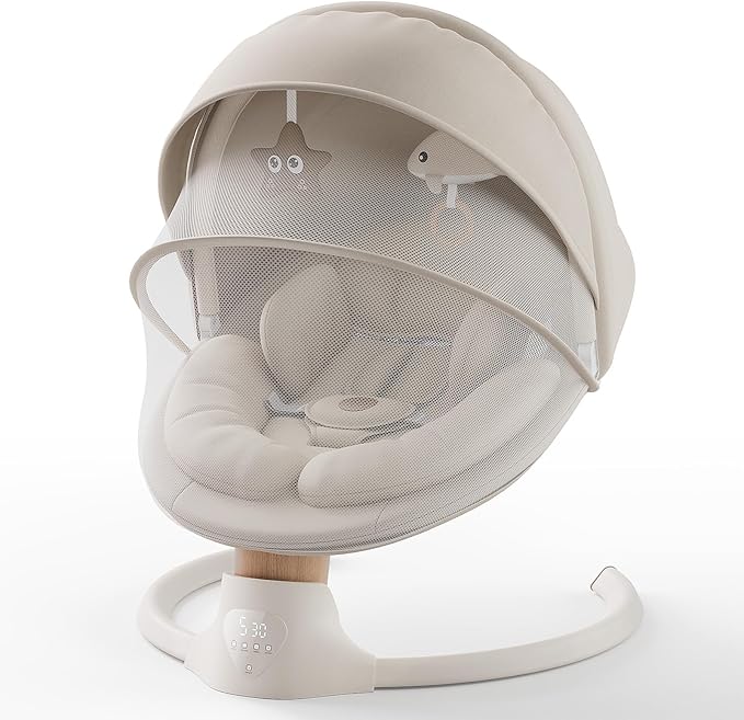 Baby Swings for Infants FasonBaby Electric Baby Swing with 10 Preset Melodies 5 Speeds Remote Control and Bluetooth - Portable Infant Swing for Indoor and Outdoor(Beige)