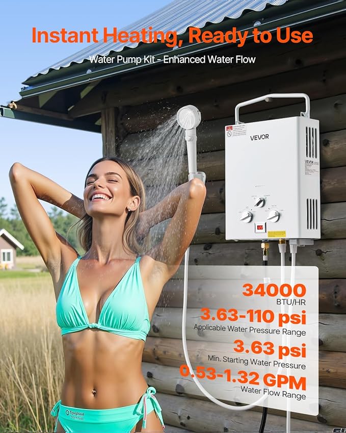 VEVOR Portable Propane Water Heater 5L Tankless Outdoor Water Heater 34000 BTU 1.32 GPM Instant Hot Water with Accessory Set + Regulator +Water Pump for RV Camping Trips Cabins Barns