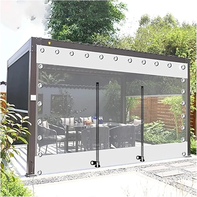 Outdoor Clear Waterproof Tarpaulin Curtains Weatherproof PVC Tarpaulin with Zipper Pergola Patio Porch Gazebo Transparent Side Panels with Grommets Customizable