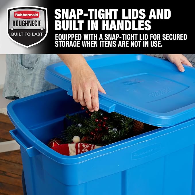 Rubbermaid Roughneck Tote 25 Gal 4 Pack Made in USA Heritage Blue Rugged Plastic Stackable Storage Bins with Lids and Handles