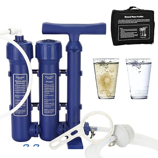 Emergency Water Filter Large Water Filtration System Survival - Hand Pump Water Filter High Volume Water Purifier Camping 3 Stage Water Filtration System Outdoor Portable Group Military Grade