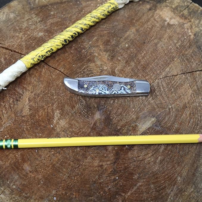 WHISKEY BENT HAT CO. Mini Hunter Folding Pocket Knife 2.75 Closed Length 440C Stainless Steel Blade (Tooled Country)