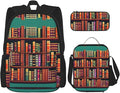 3pcs Backpack Sets Library Bookshelf Printed Backpacks Set With Lunch Bag Pencil Pouch