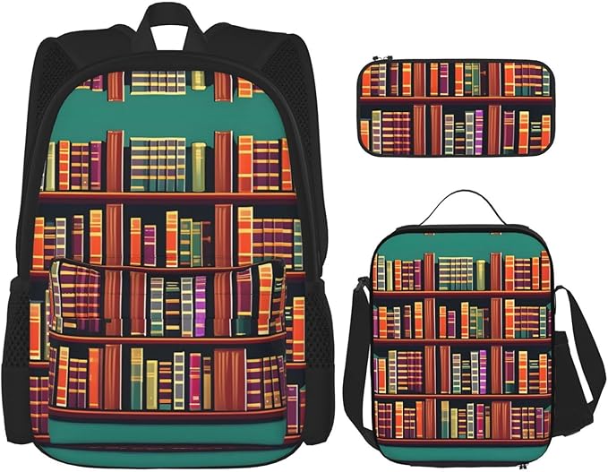 3pcs Backpack Sets Library Bookshelf Printed Backpacks Set With Lunch Bag Pencil Pouch