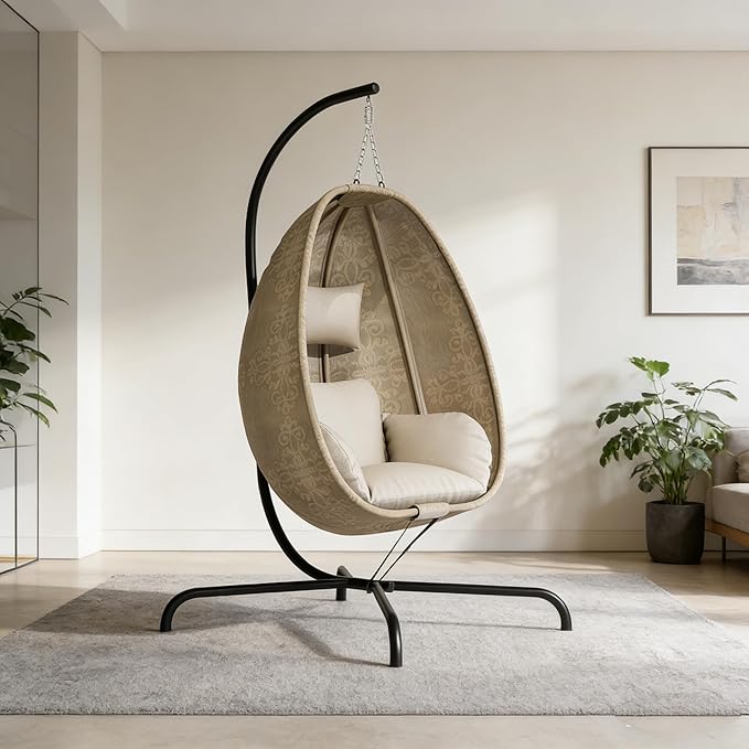 ALAULM Foldable Egg Chair with Stand 485LBS Capacity Textilene Hammock Swing Chair for Outdoor &amp Indoor Patio Hanging Chair with Strong Frame &amp UV Resistant Cushion for Balcony Bedroom Cre