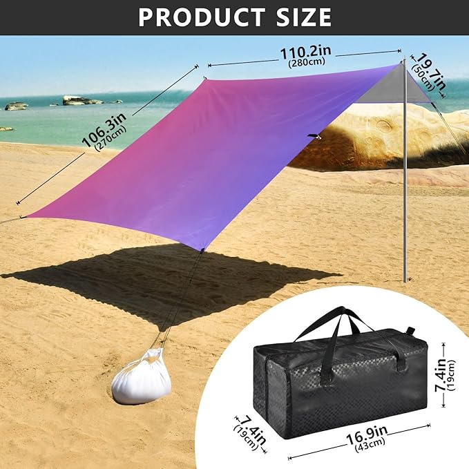 Red Blue Gradient Beach Tent UPF50+ Protection Water-Resistant Shade Sun Shelter Includes Sand Shovel Sandbags Stability Poles for Camping Trips Fishing Backyard Fun or Picnics