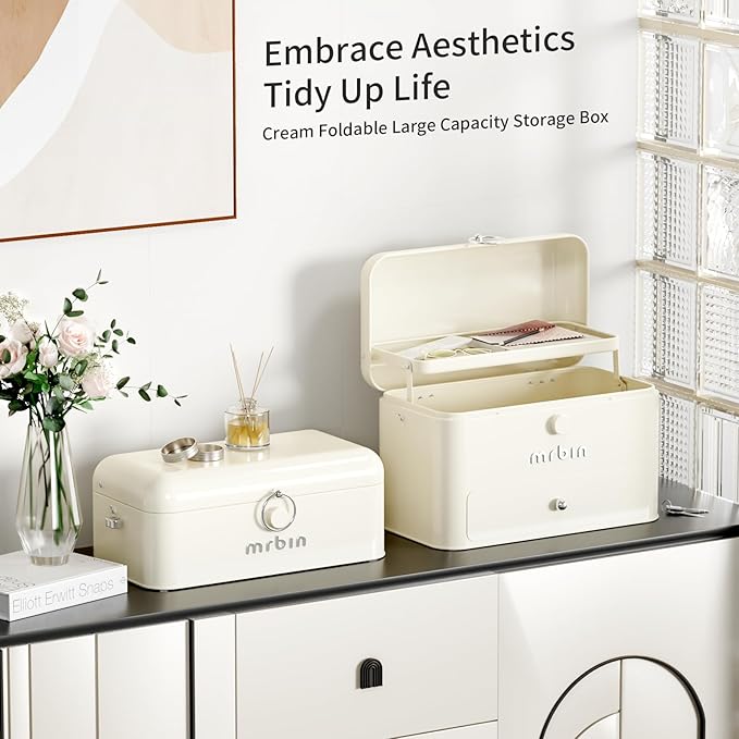 MRBIN Metal 2-Tier Medicine Container Folding Waterproof Safe Boxes and Supply Storage Organizer Empty First Aid Kit for Home Portable Emergency Kit Cream White
