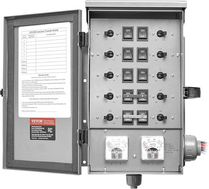 VEVOR Manual Transfer 30-Amp 10-Circuit Prewired Generator Transfer Kit with NEMA L14-30P Power Inlet Box Double-Throw NEMA 3R Mechanical Watt Meter for 7500W Generators