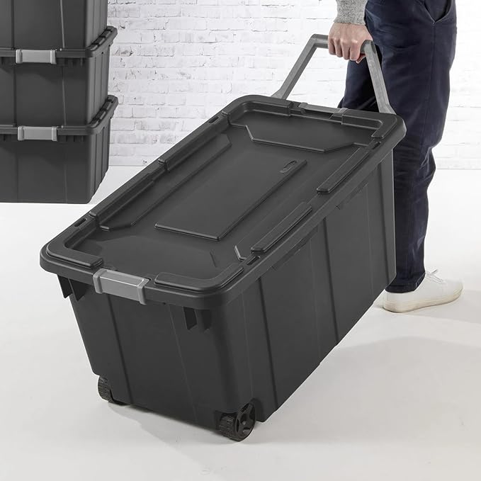Modern Plastic &amp Metal 40 Gallon Lidded Home Storage Bins Stackable Industrial Storage Containers Tote Organizing Tote Tub Box with Wheeled Moving Boxes Set of 2 (Gray)
