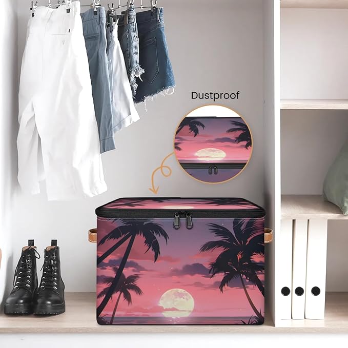 Storage Bins with Lids Palm Tree Beach Storage Basket Clothes Organizer with Handles Closet Storage Containers for Clothing Bedding Blanket