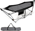 Portable Folding Hammock w/Side Pocket Lounge Camping Bed w/Metal Stand &amp Anti-tip Buckles Outdoor Camping Hammock with Carrying Bag for Patio Garden Yard Easy Assembly (Black)