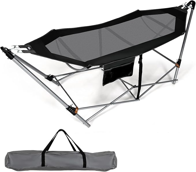 Portable Folding Hammock w/Side Pocket Lounge Camping Bed w/Metal Stand &amp Anti-tip Buckles Outdoor Camping Hammock with Carrying Bag for Patio Garden Yard Easy Assembly (Black)