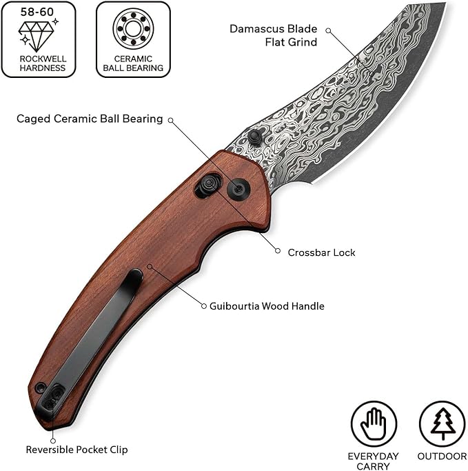 CIVIVI Sixgill Folding Pocket Knife for EDC 3.41'' Damascus Blade Guibourtia Wood Handle Deep Carry Reversible Clip Gift for Men Women C24050-DS1