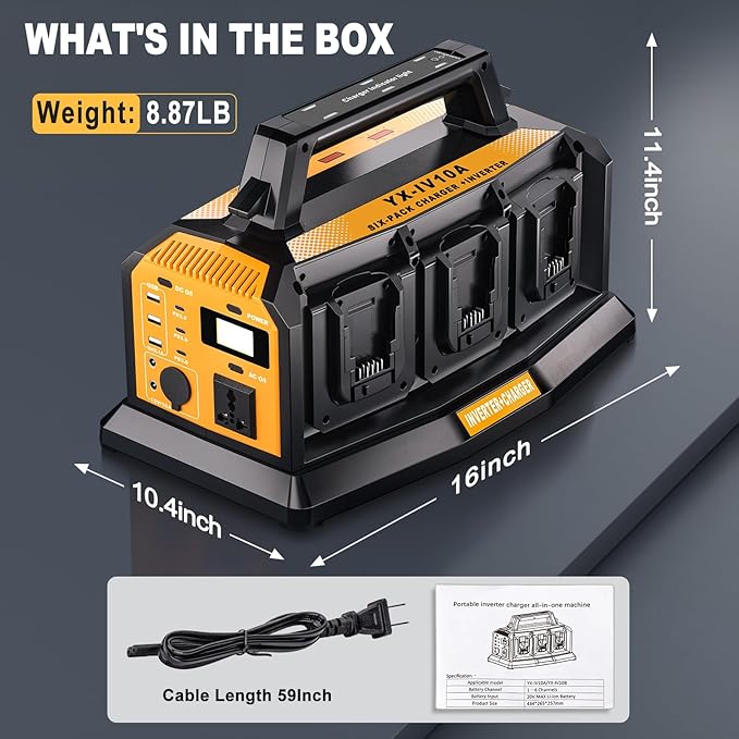 2-in-1 Portable Inverter Charger 1200W Pure Sine Wave Inverter &amp 6A Rapid Charger for DeWalt 20V Battery 6-Port DC to AC 120V Converter 3 USB-A + 3 USB-C 300lm LED Light for RV Camp Off-Grid