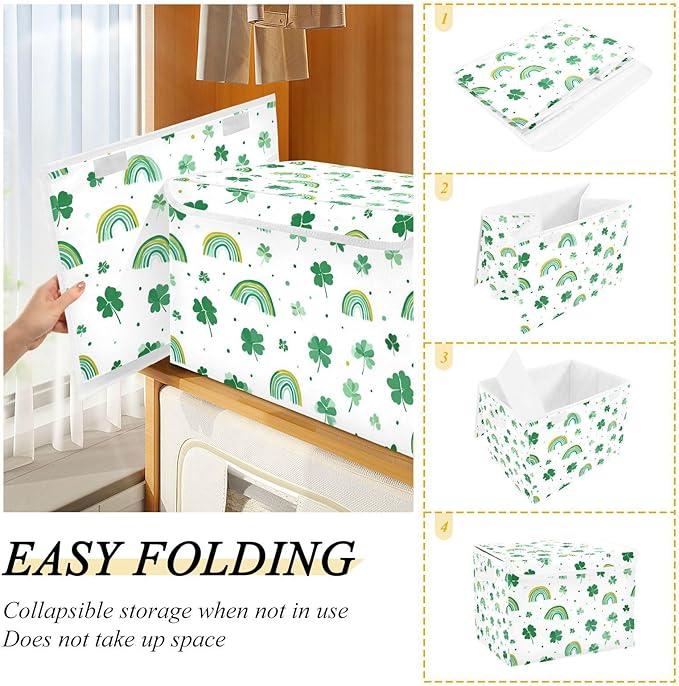 Collapsible Storage Bins with Lids Decorative Fabric Storage Cubes Closet Organizer and Storage Basket Boxes Containers for Clothes Box Chest Nursery Folding Rectangle Green Shamrock Rainbow