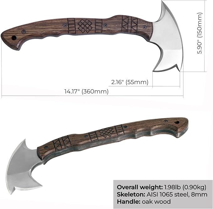 AncientSmithy Tomahawk Axe - Handmade Tactical Tomahawk Hatchet - Full Tang Combat Axe for Military Camping and Outdoor Activities (Three Spikes Oak Handle Kydex Sheath)